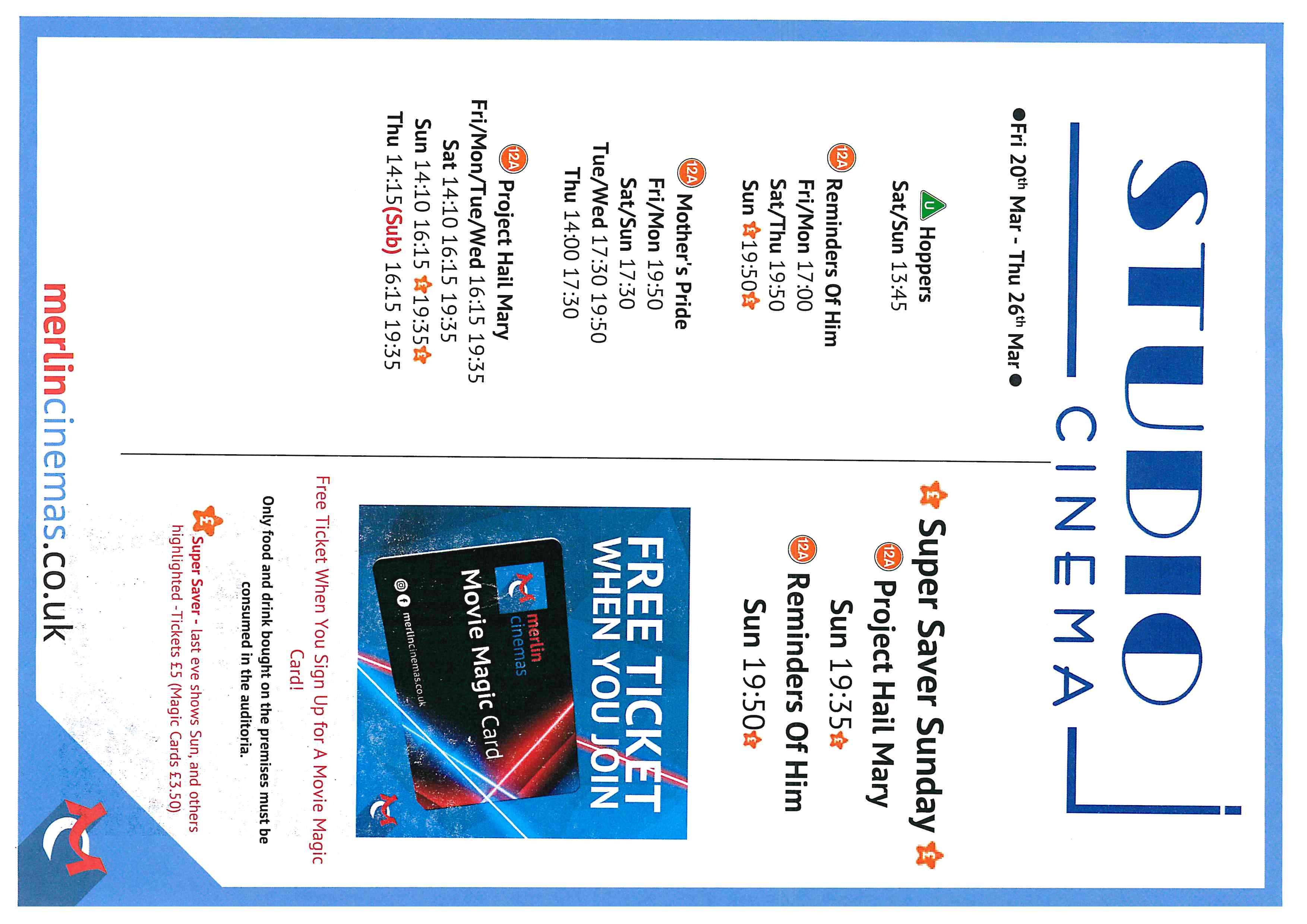 Studio Cinema Listings Fri 20th March - Thurs 26th March